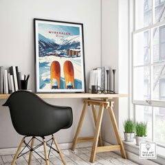 Myrkdalen Norway print featuring snowy mountains and ski lodge, perfect winter wall art for cozy decor.