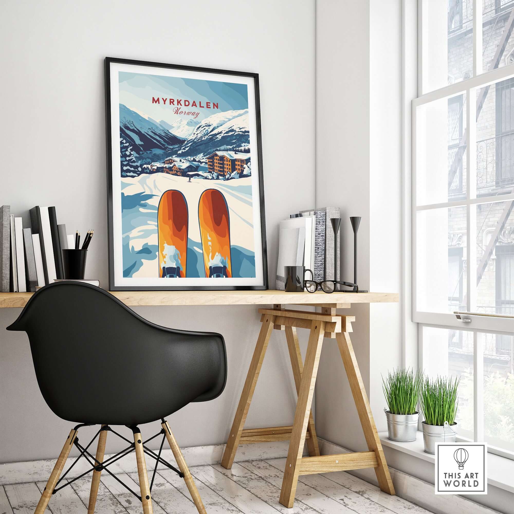 Myrkdalen Norway print featuring snowy mountains and ski lodge, perfect winter wall art for cozy decor.