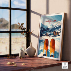 Myrkdalen Norway print featuring snowy mountains and ski lodge, perfect winter wall art for ski enthusiasts.