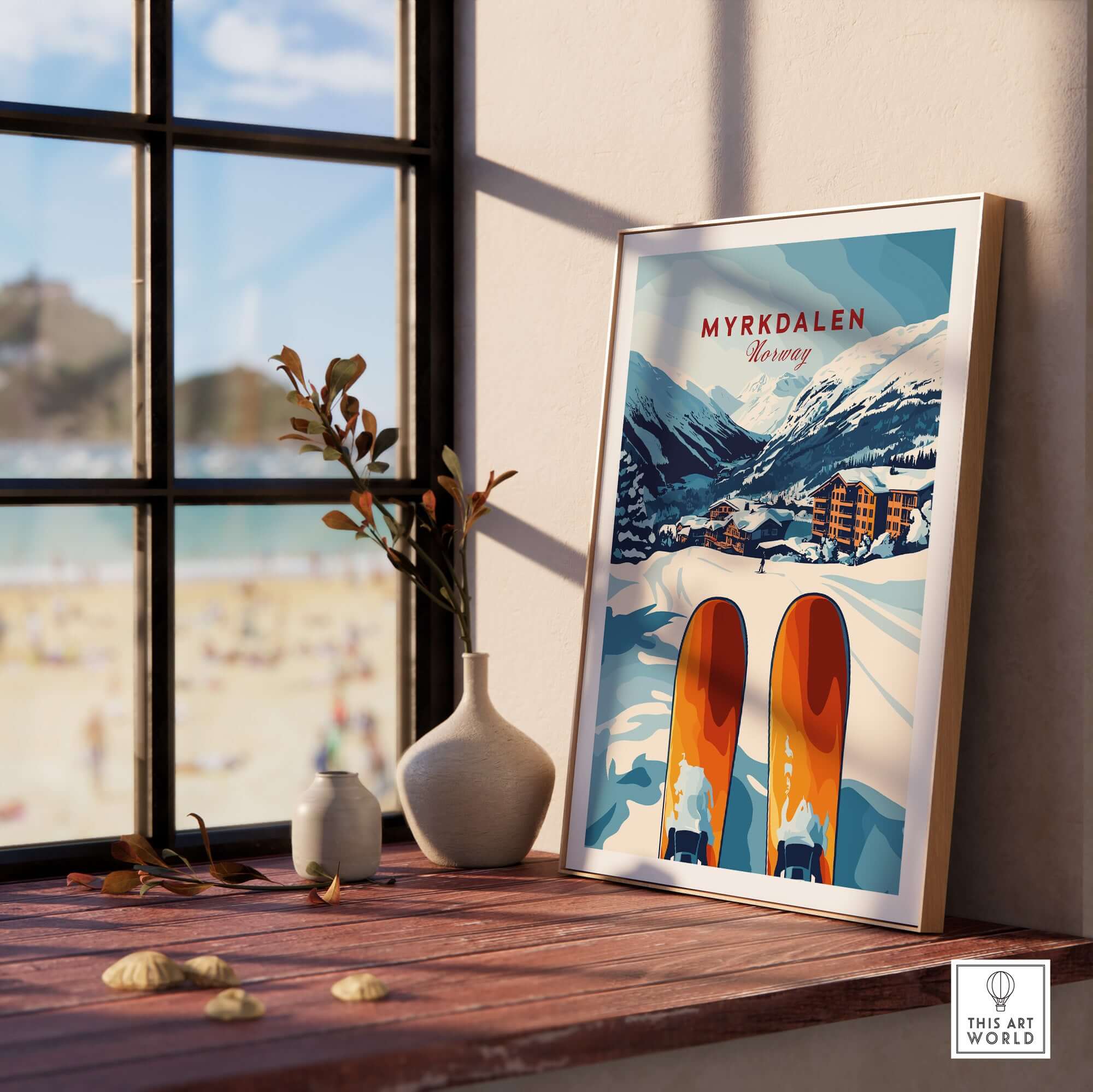 Myrkdalen Norway print featuring snowy mountains and ski lodge, perfect winter wall art for ski enthusiasts.