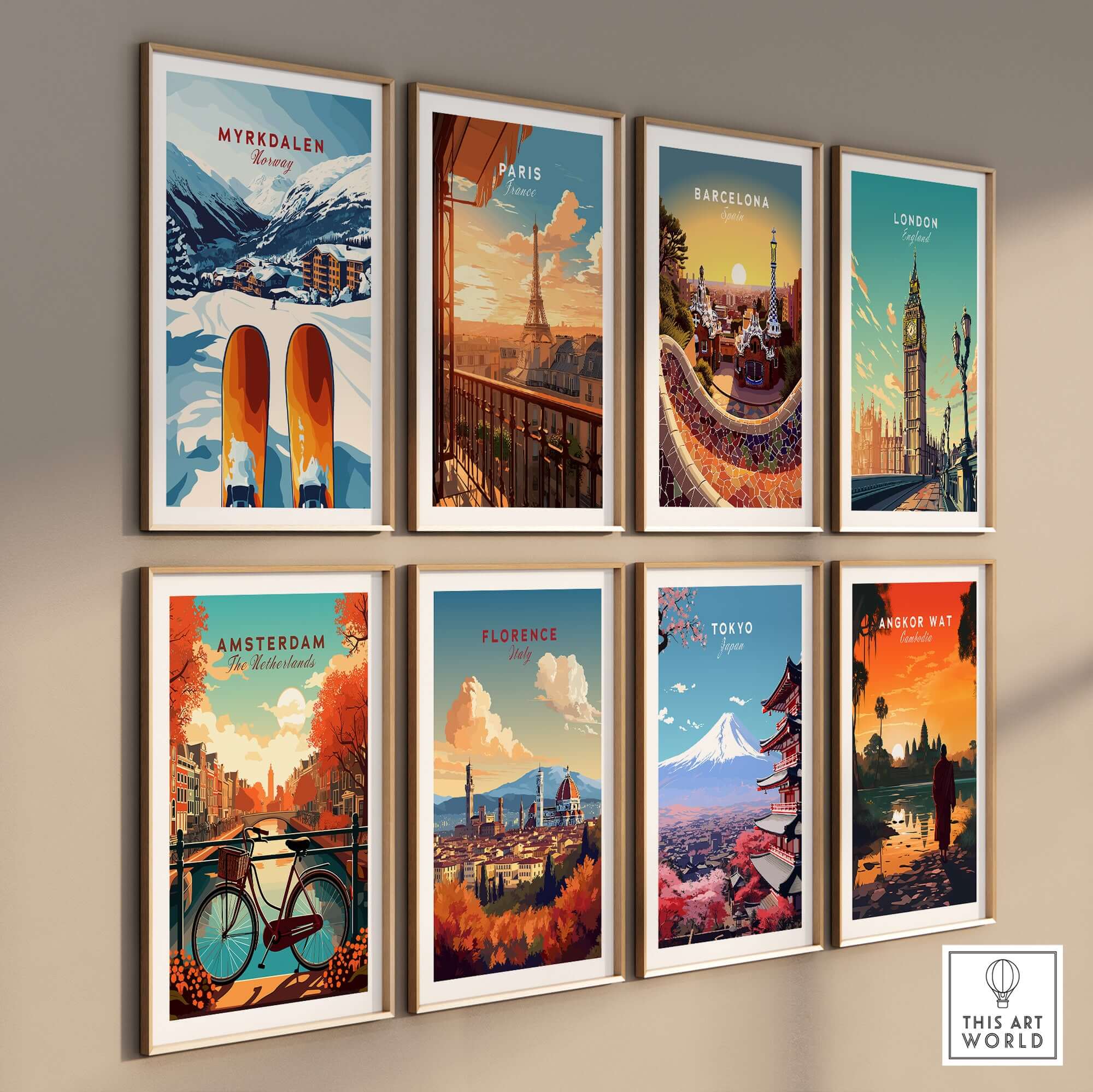 Gallery wall display featuring vibrant travel posters including Myrkdalen ski resort art, perfect for winter decor.