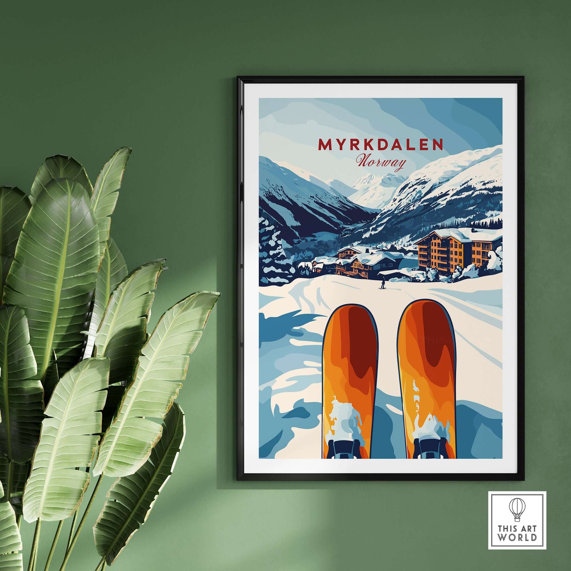 Myrkdalen Norway print showcasing snowy mountains and ski lodge art, perfect for winter decor.