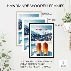 Handmade wooden frames in natural, white, and black for Myrkdalen Norway ski resort print, ready to hang.