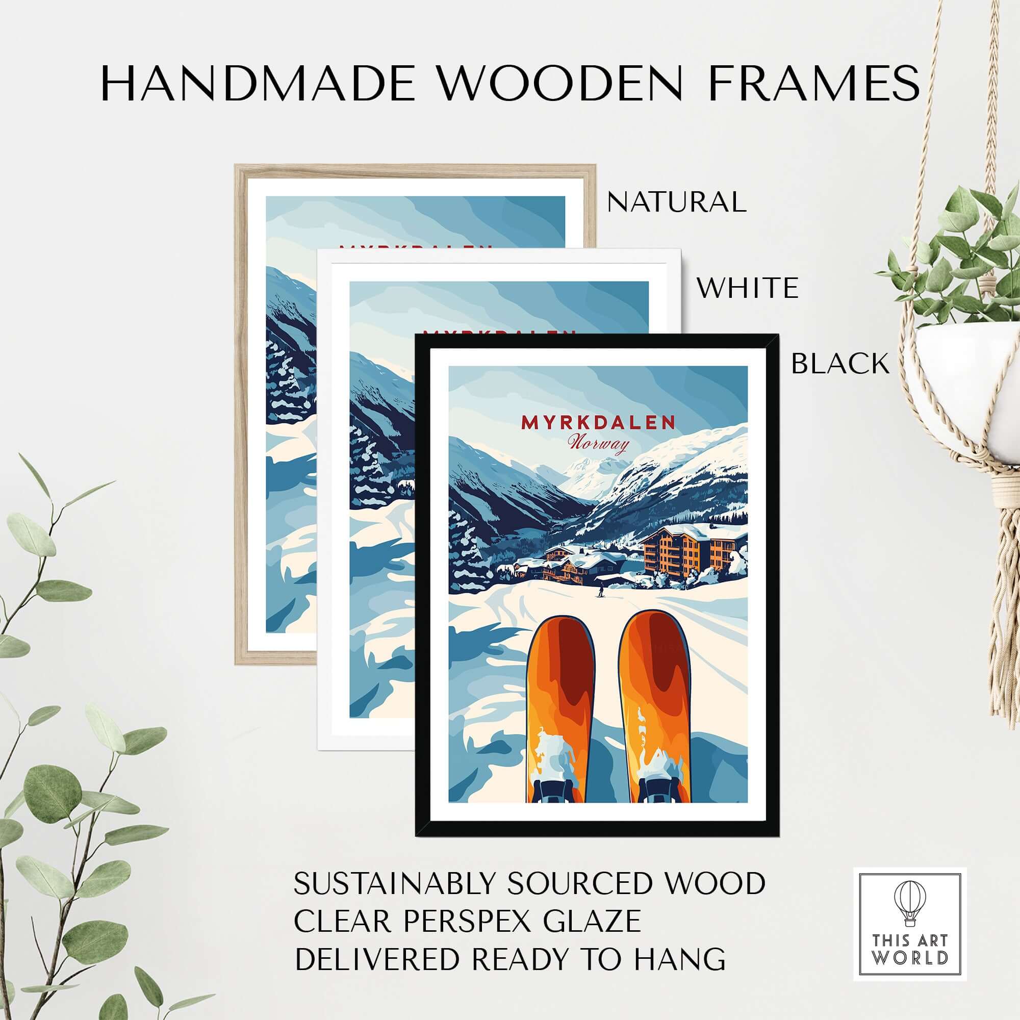 Handmade wooden frames in natural, white, and black for Myrkdalen Norway ski resort print, ready to hang.