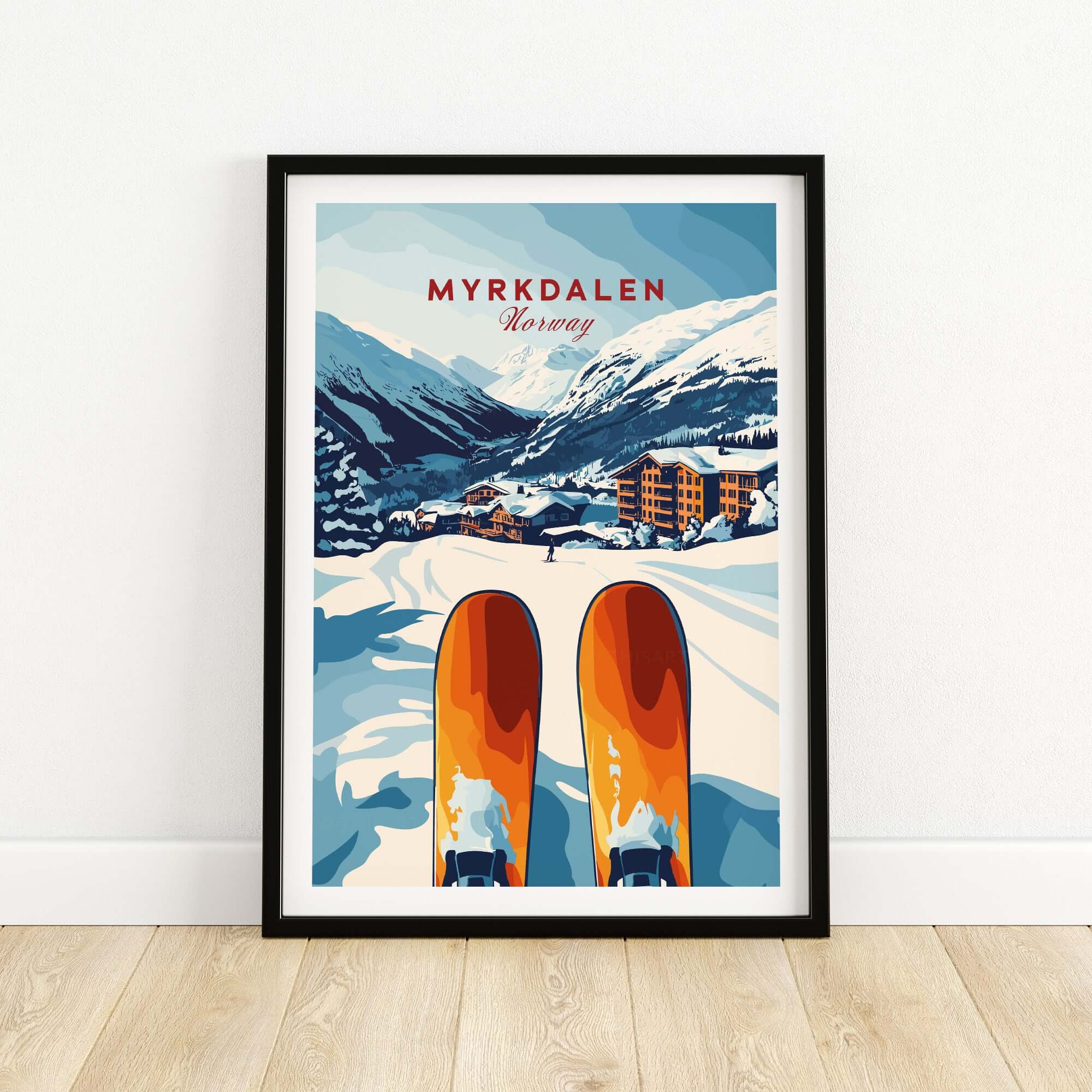 Myrkdalen Norway print featuring ski resort art with snowy mountains and orange skis, perfect winter wall art.