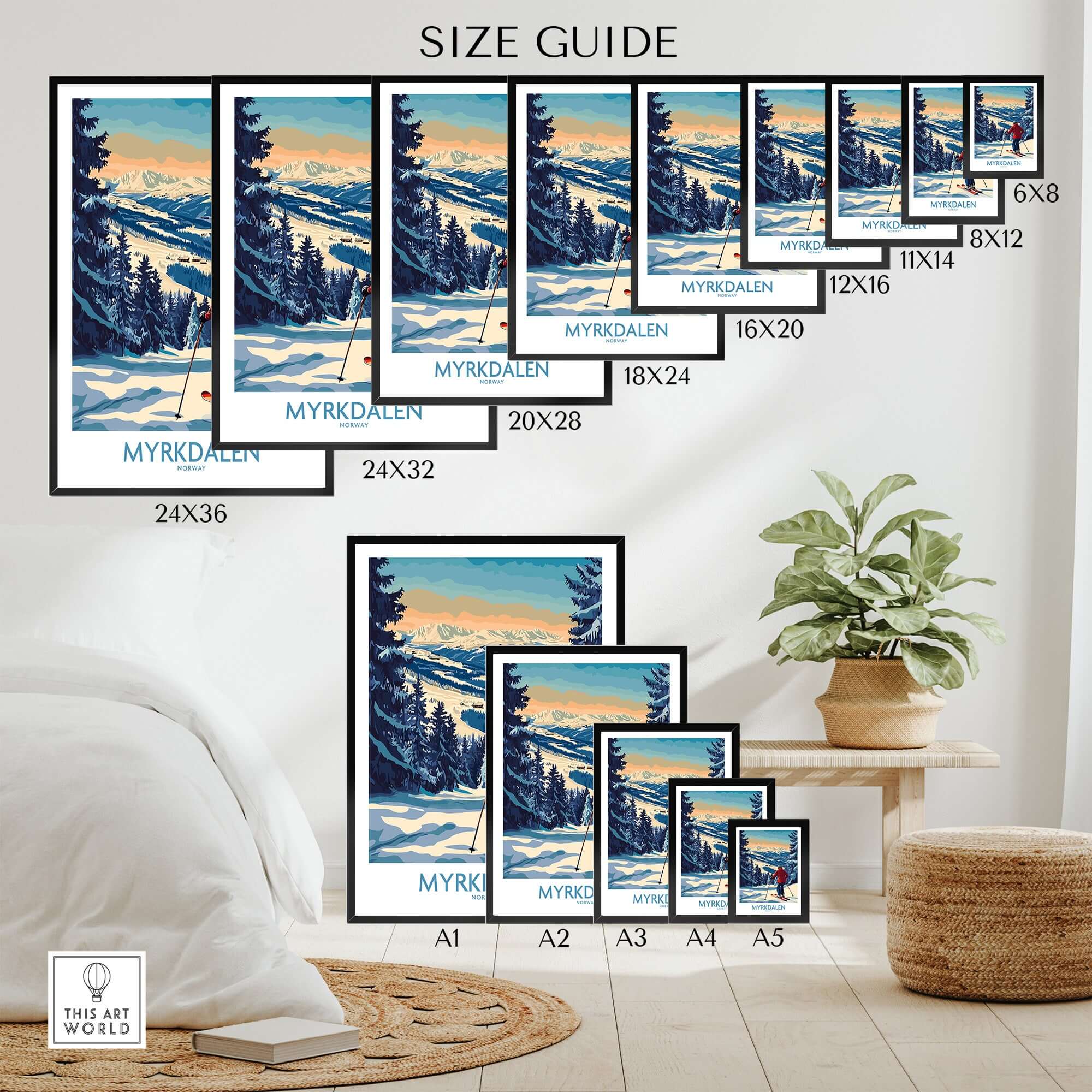 Myrkdalen Ski Poster size guide showcasing various frame sizes for skiing wall art.