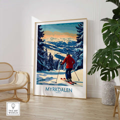 Myrkdalen ski poster featuring a skier in a breathtaking mountain landscape, perfect for ski lovers.