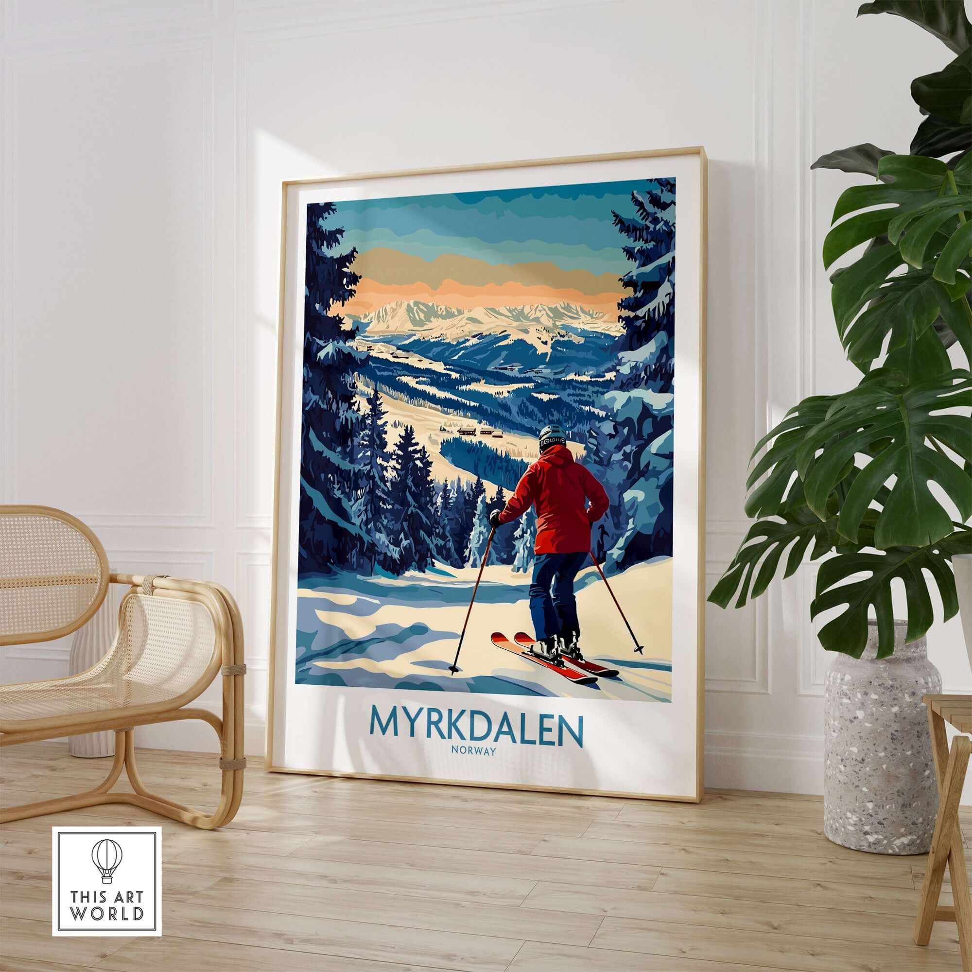 Myrkdalen ski poster featuring a skier in a breathtaking mountain landscape, perfect for ski lovers.