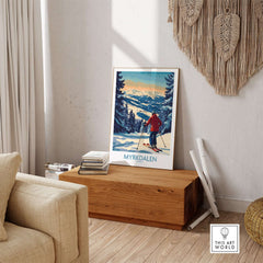 Myrkdalen ski poster showcasing a skier against stunning mountain scenery, ideal wall art for ski enthusiasts.