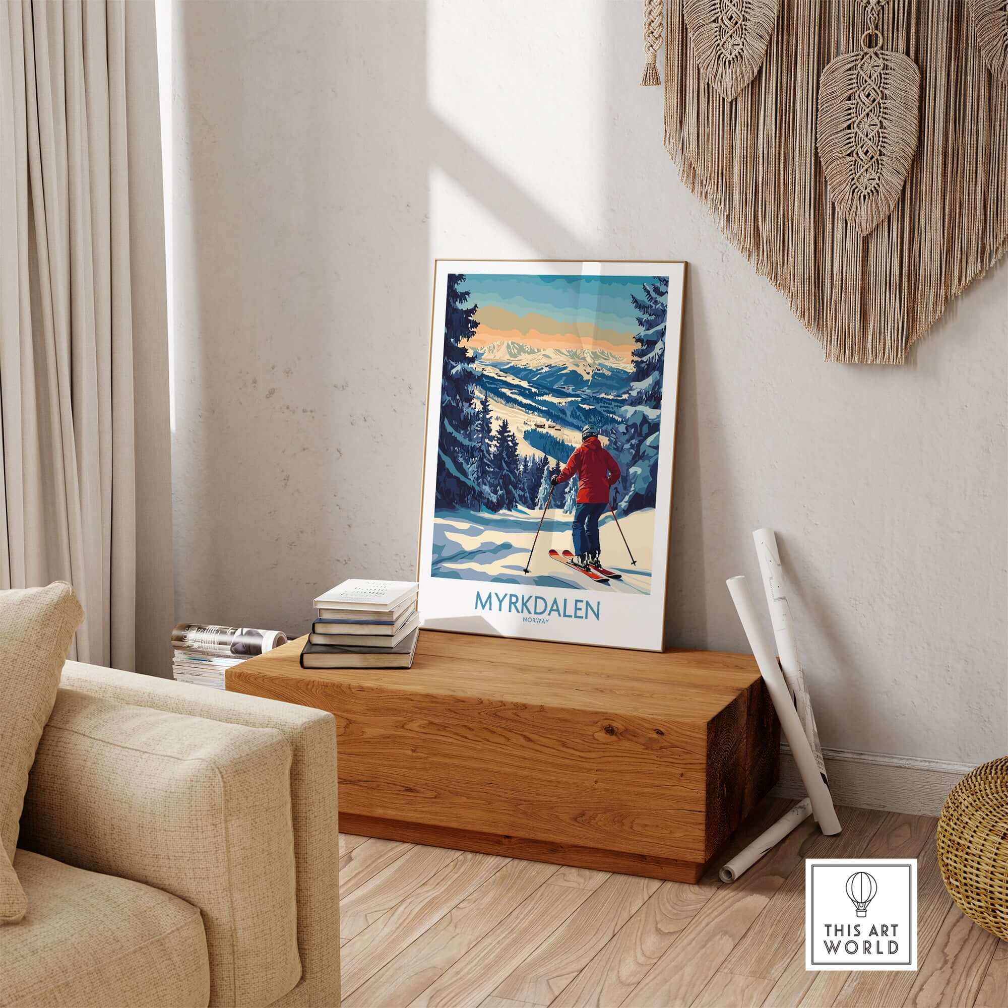 Myrkdalen ski poster showcasing a skier against stunning mountain scenery, ideal wall art for ski enthusiasts.