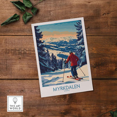 Myrkdalen Ski Poster featuring skier in stunning mountain scenery, perfect art for ski lovers and winter sports enthusiasts.