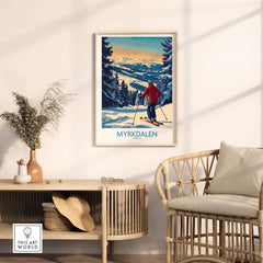 Myrkdalen ski poster featuring a skier in the mountains, perfect wall art for ski lovers.