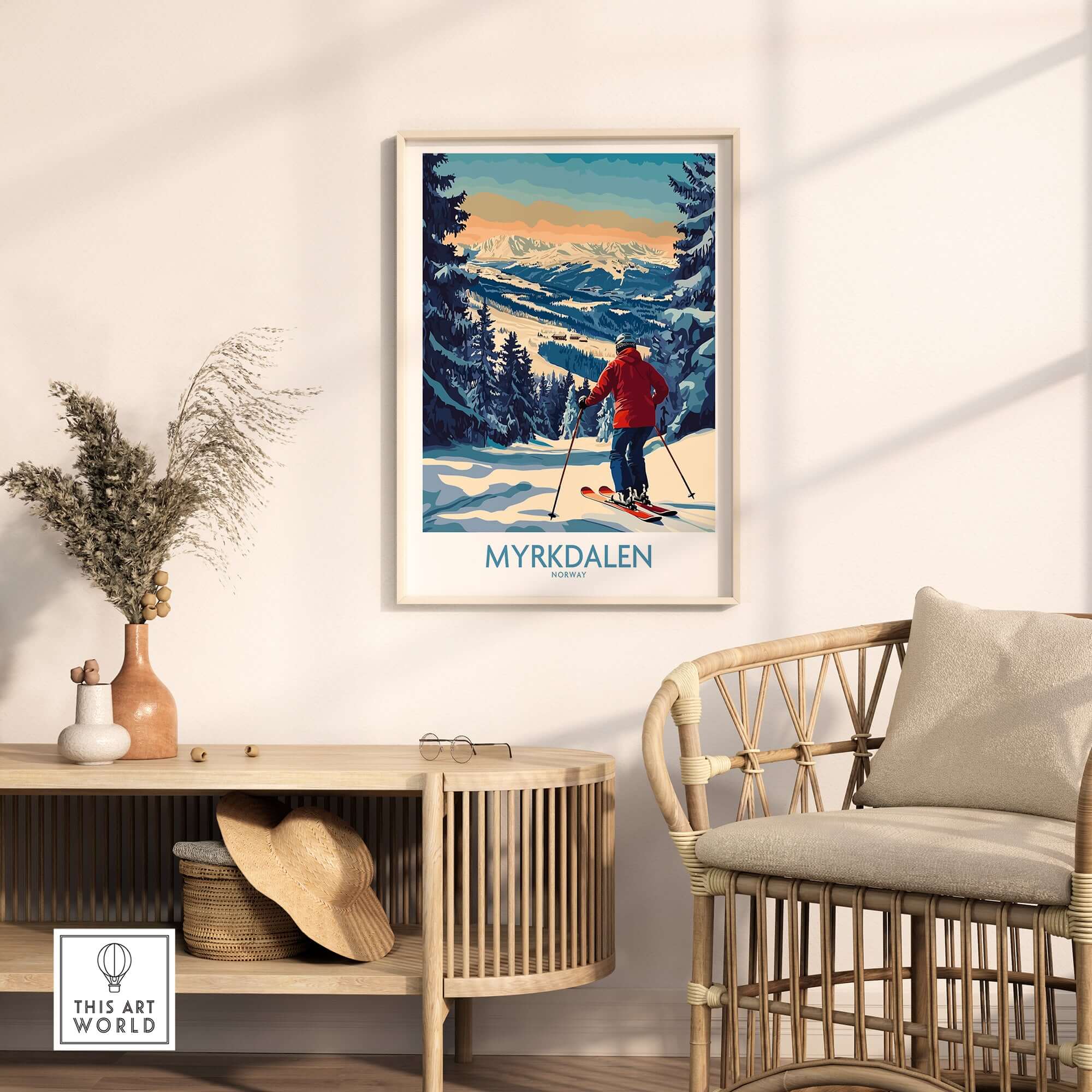 Myrkdalen ski poster featuring a skier in the mountains, perfect wall art for ski lovers.