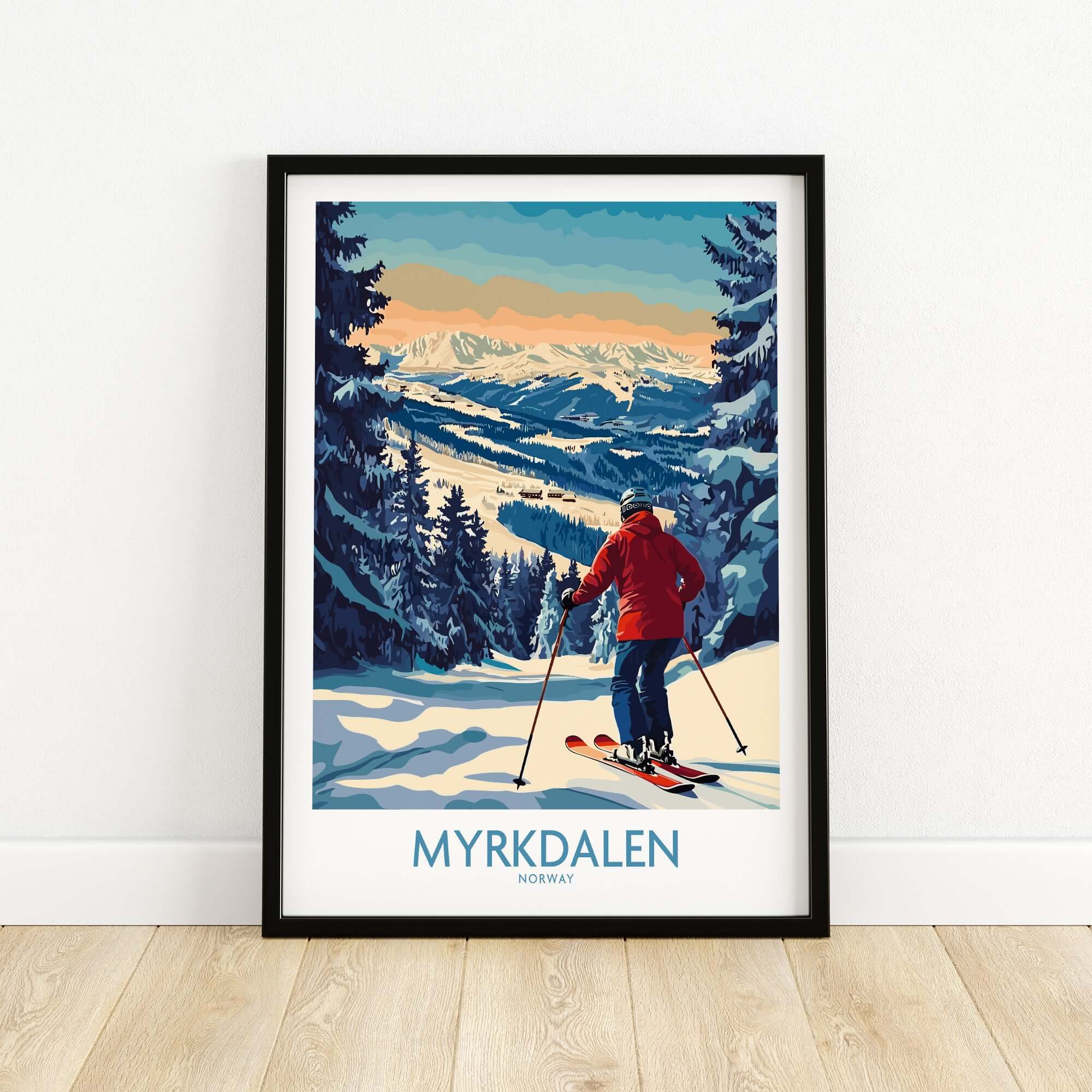 Myrkdalen Ski Poster featuring a skier in Norway mountains, perfect gift for ski lovers and wall art enthusiasts.