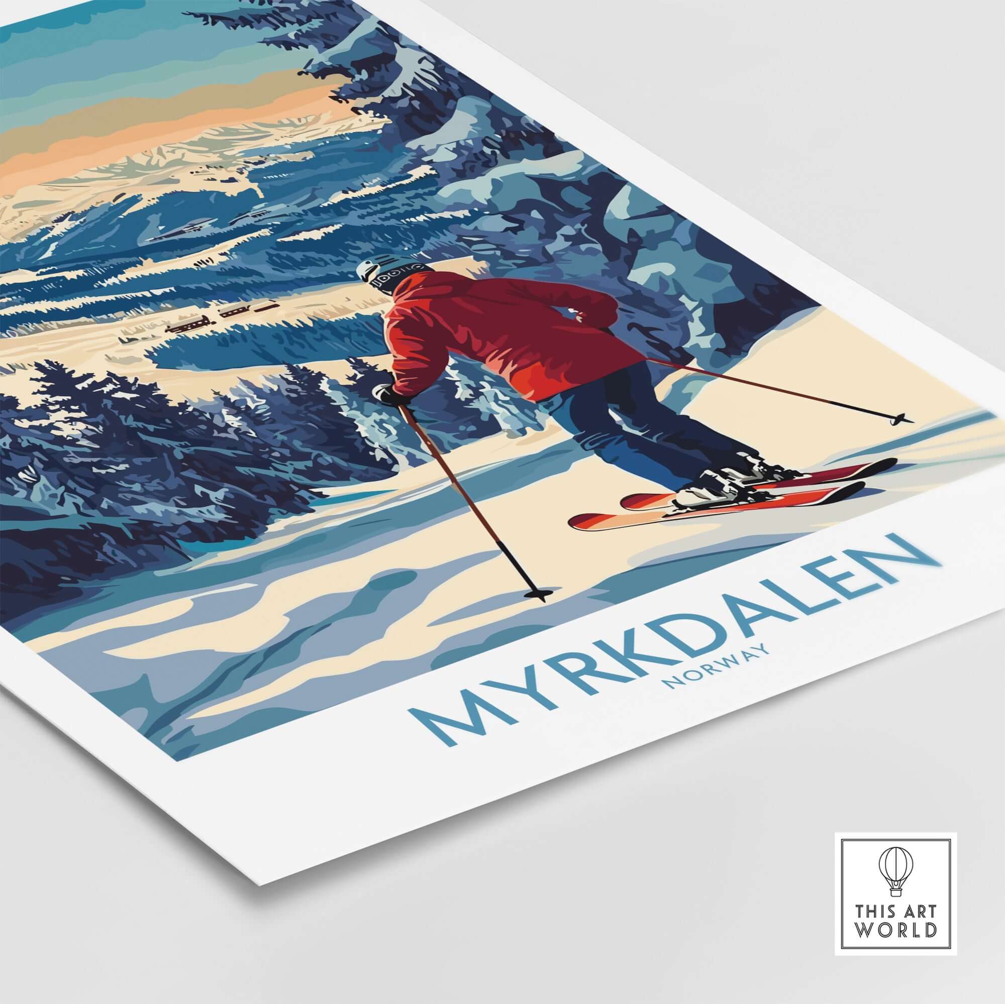 Myrkdalen Ski Poster featuring a skier on snowy slopes in Norway, perfect wall art gift for ski lovers.
