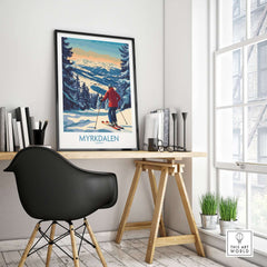 Myrkdalen ski poster in a stylish home office, showcasing a skier and beautiful mountain landscape.