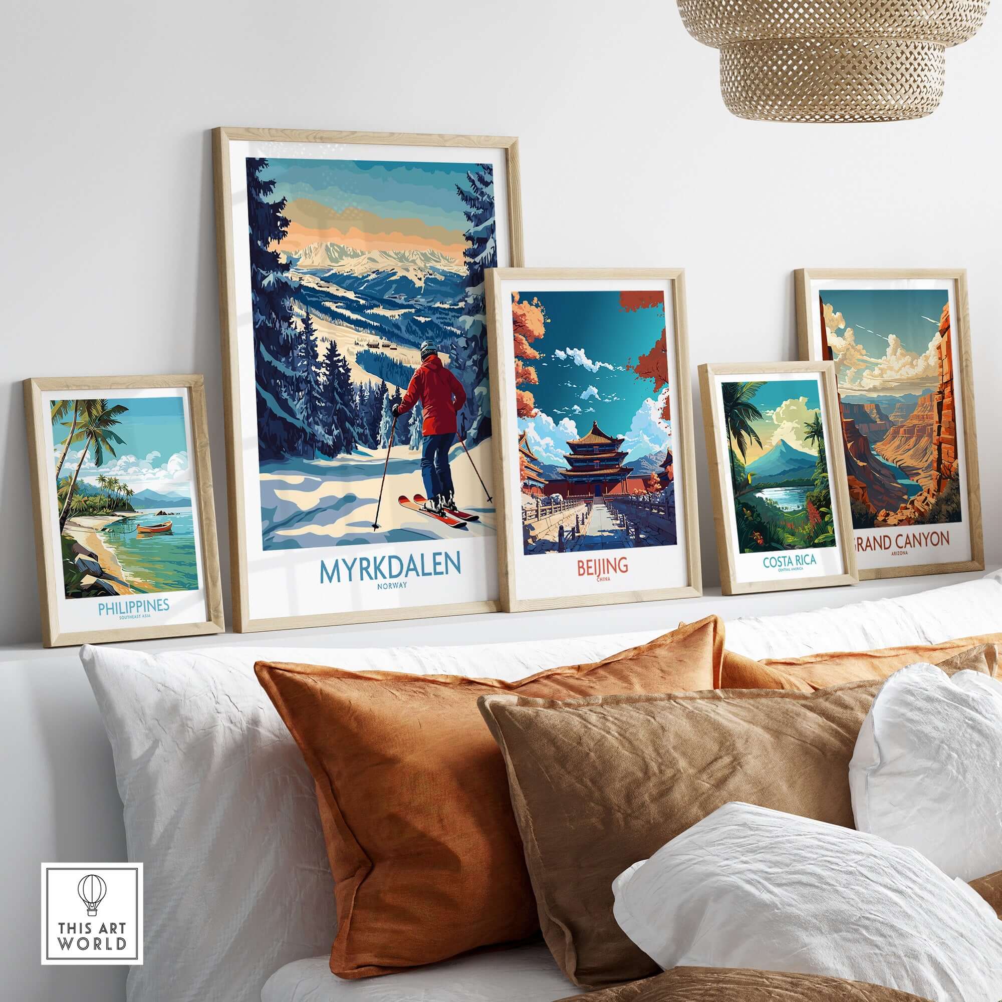 Collection of framed travel posters including Myrkdalen Ski Poster, showcasing stunning landscapes and ski themes.