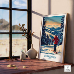 Myrkdalen ski poster showcasing a skier with mountains, perfect wall art for ski lovers.