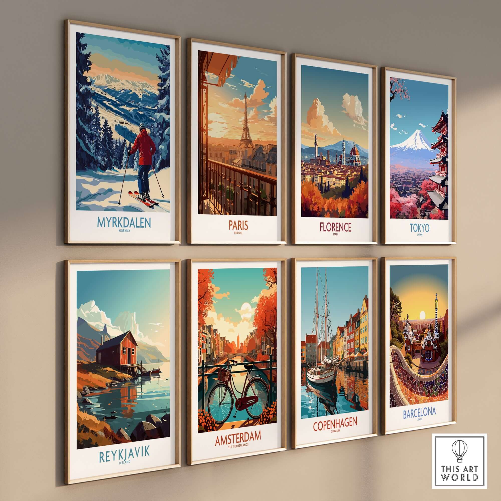 A collection of artistic travel posters showcasing cities including Myrkdalen, Paris, Florence, Tokyo, and more.