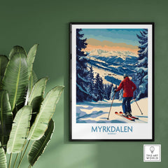 Myrkdalen ski poster showcasing a skier against stunning mountain scenery, perfect wall art for ski lovers.