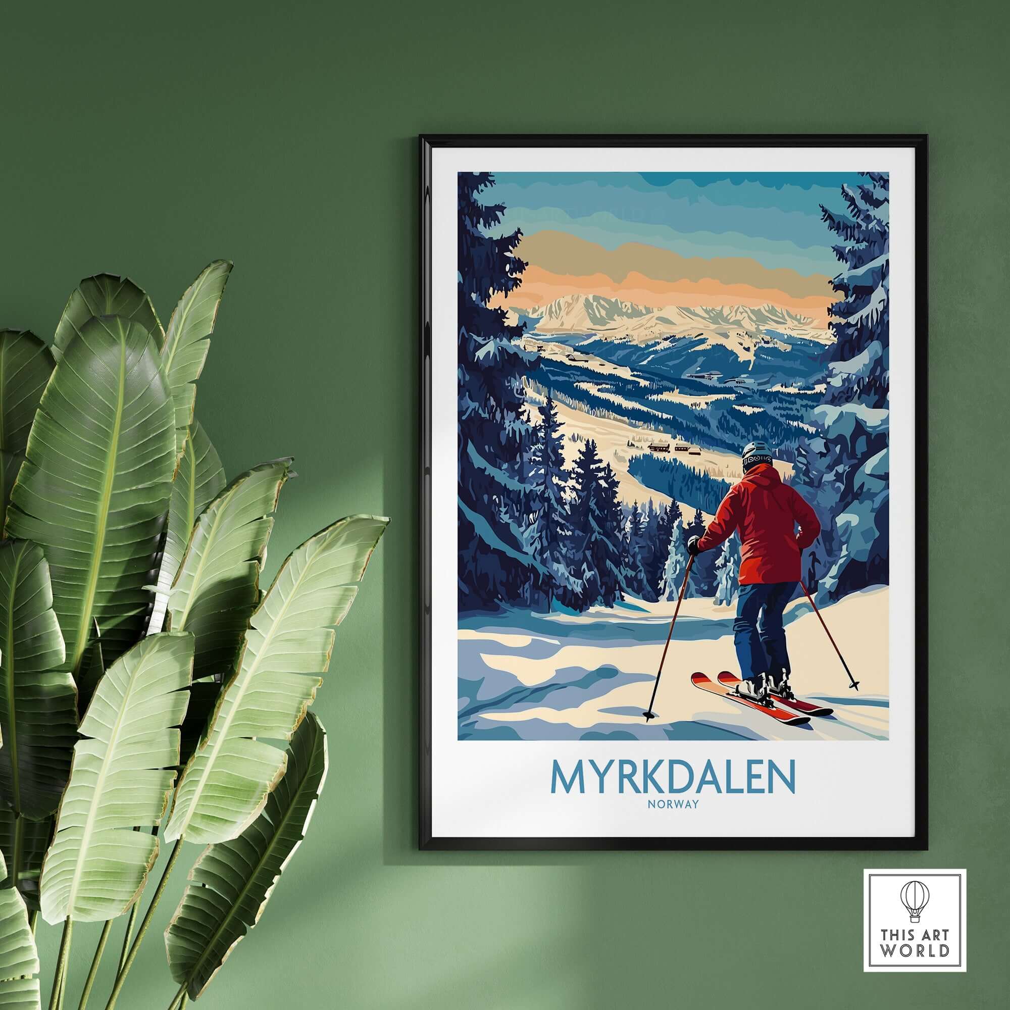 Myrkdalen ski poster showcasing a skier against stunning mountain scenery, perfect wall art for ski lovers.