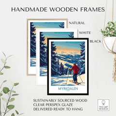 Myrkdalen Ski Poster with handmade wooden frames in natural, white, and black colors, showcasing ski art for enthusiasts.