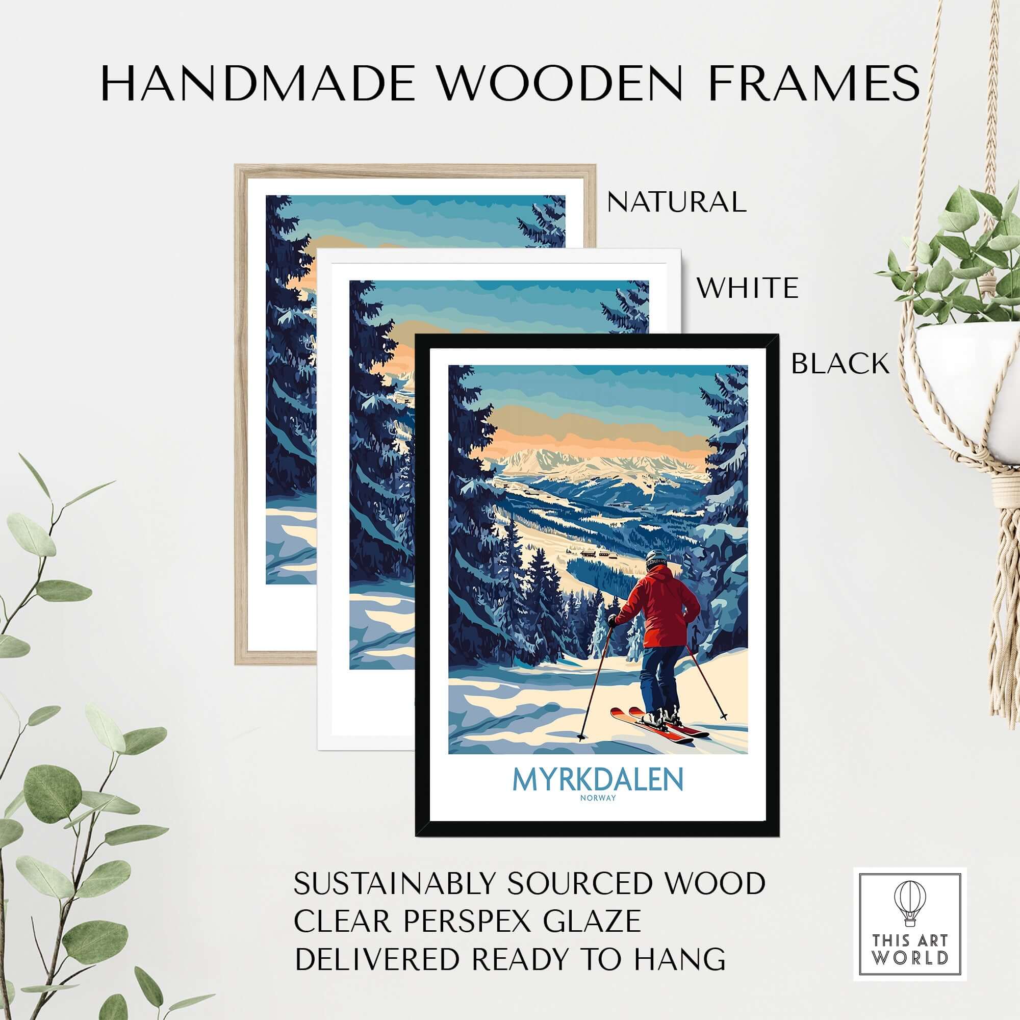 Myrkdalen Ski Poster with handmade wooden frames in natural, white, and black colors, showcasing ski art for enthusiasts.