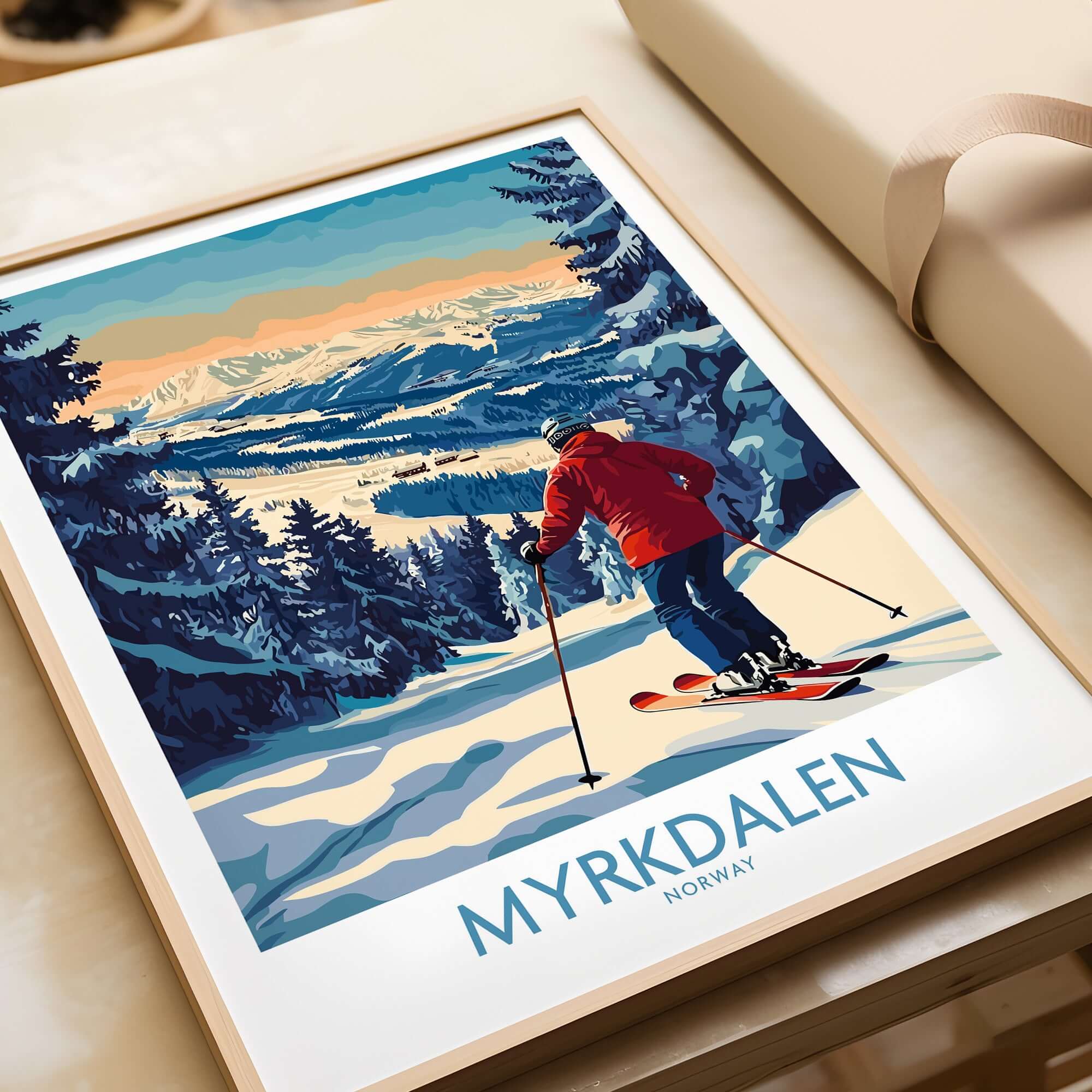 Myrkdalen ski poster featuring a skier, perfect wall art for ski lovers, showcasing a beautiful Norwegian mountain landscape.