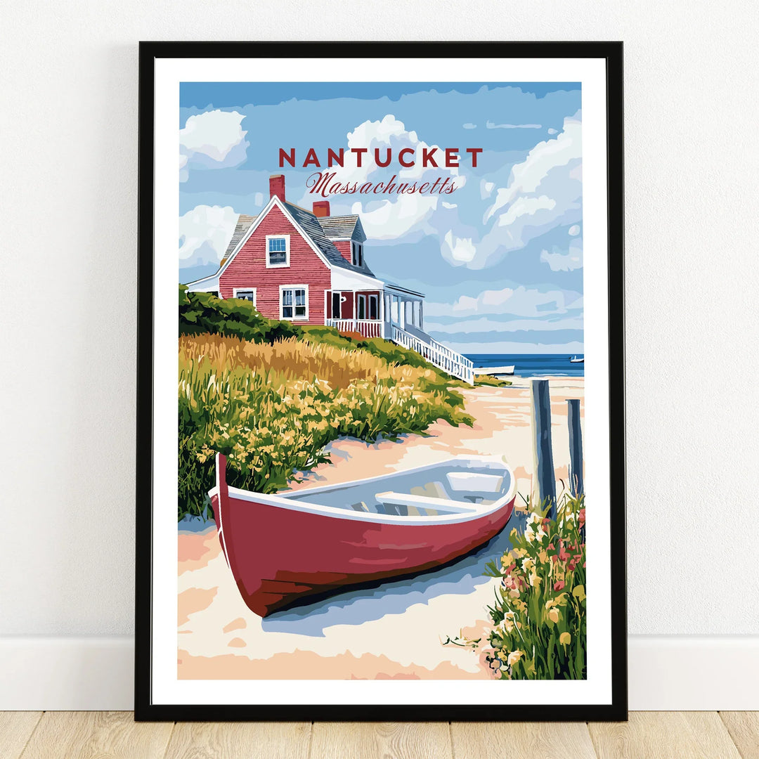 Nantucket Massachusetts travel poster with red beach house, boat, and coastal scenery for wall art decor