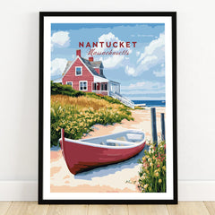 Nantucket Massachusetts travel poster with red beach house, boat, and coastal scenery for wall art decor