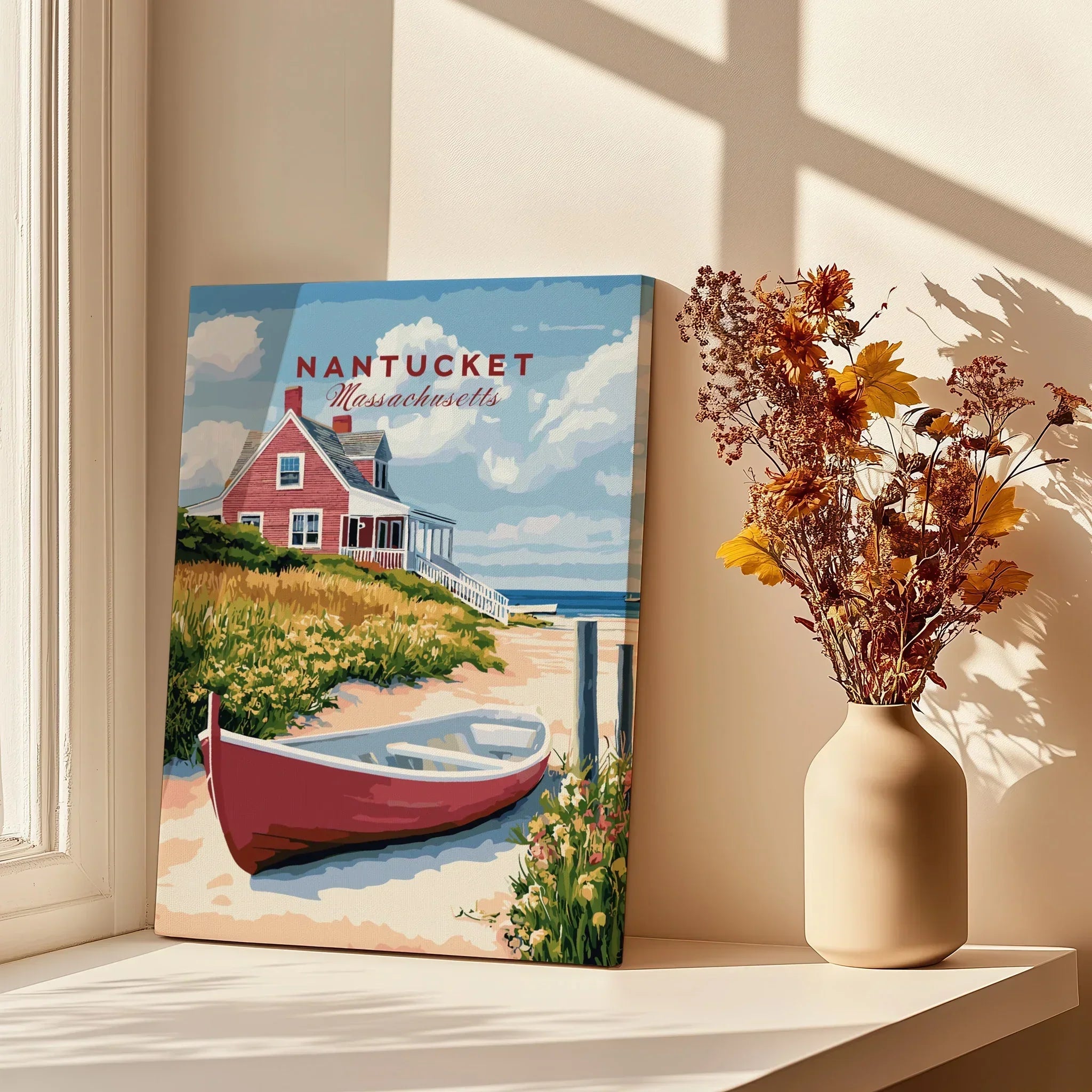 Nantucket Massachusetts travel poster print with red cottage, boat, and coastal scenery for home wall art