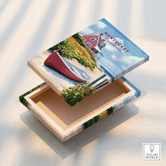 Nantucket Massachusetts travel poster canvas art with red boat and coastal house, ideal for home decor