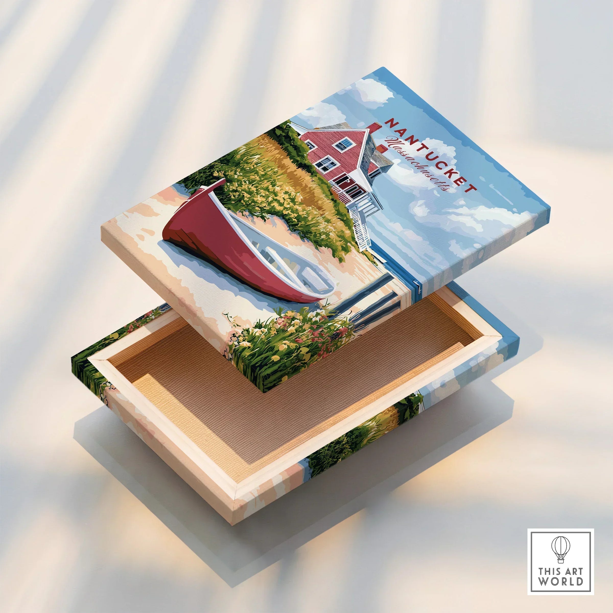 Nantucket Massachusetts travel poster canvas art with red boat and coastal house, ideal for home decor