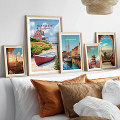 Framed travel posters of Paris, Nantucket, Copenhagen, Tokyo, and Barcelona for home wall art decor
