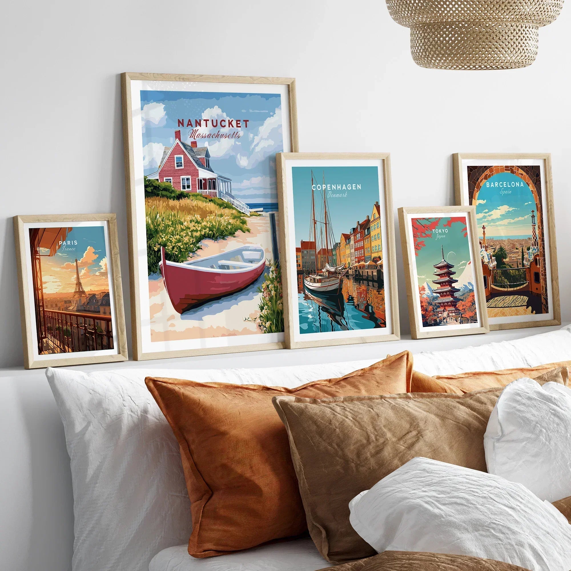 Framed travel posters of Paris, Nantucket, Copenhagen, Tokyo, and Barcelona for home wall art decor