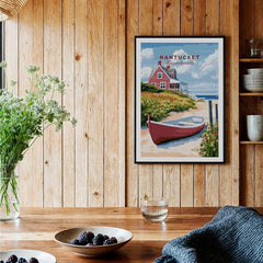 Nantucket Massachusetts travel poster with red cottage, beach, and boat, framed wall art for home decor