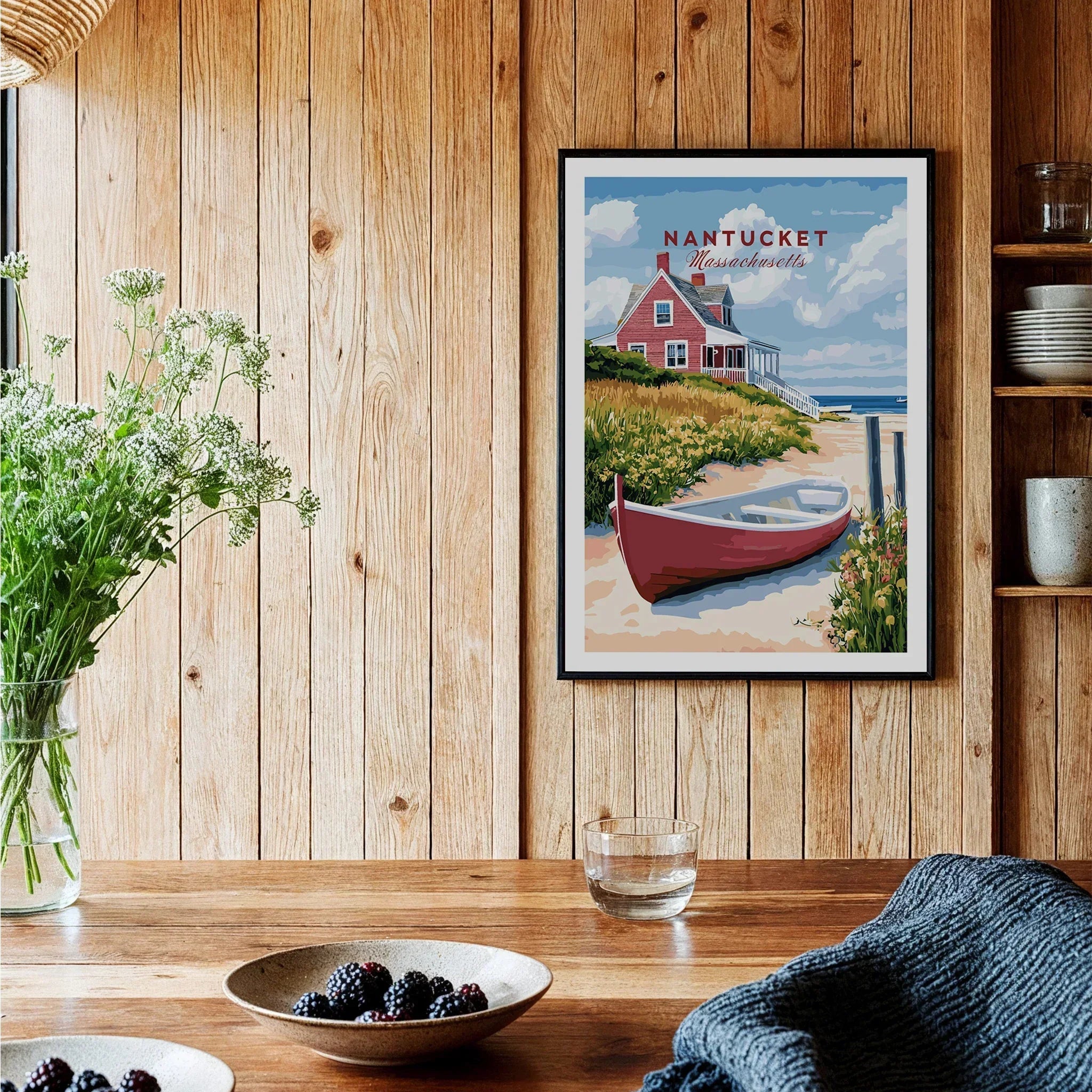Nantucket Massachusetts travel poster with red cottage, beach, and boat, framed wall art for home decor