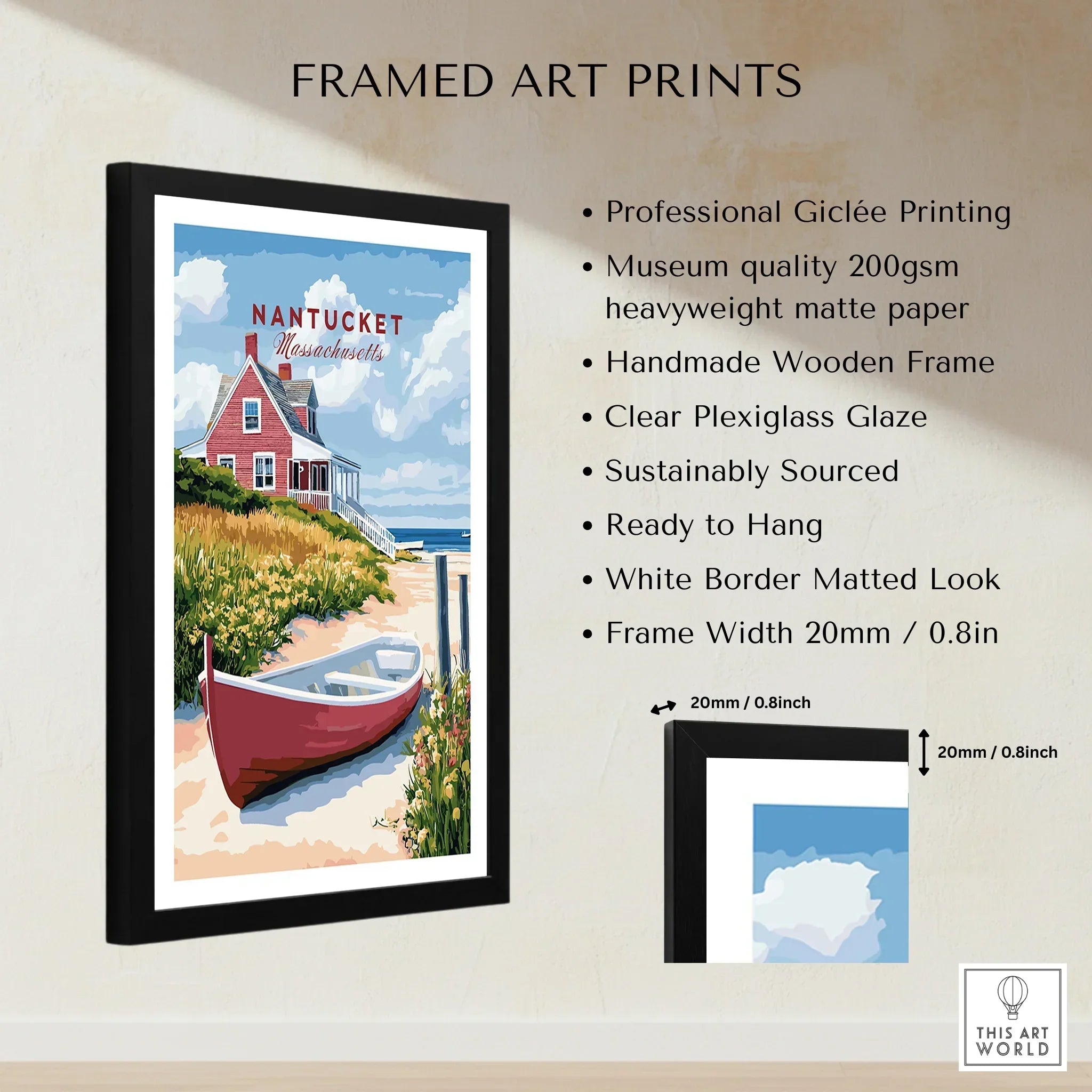 Nantucket Massachusetts travel poster art print with red cottage, boat, and beach, framed wall decor