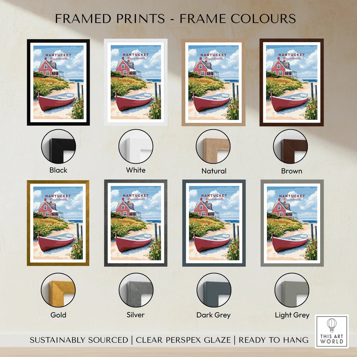 Nantucket beach house print in 8 frame colors: black, white, natural, brown, gold, silver, dark grey, light grey