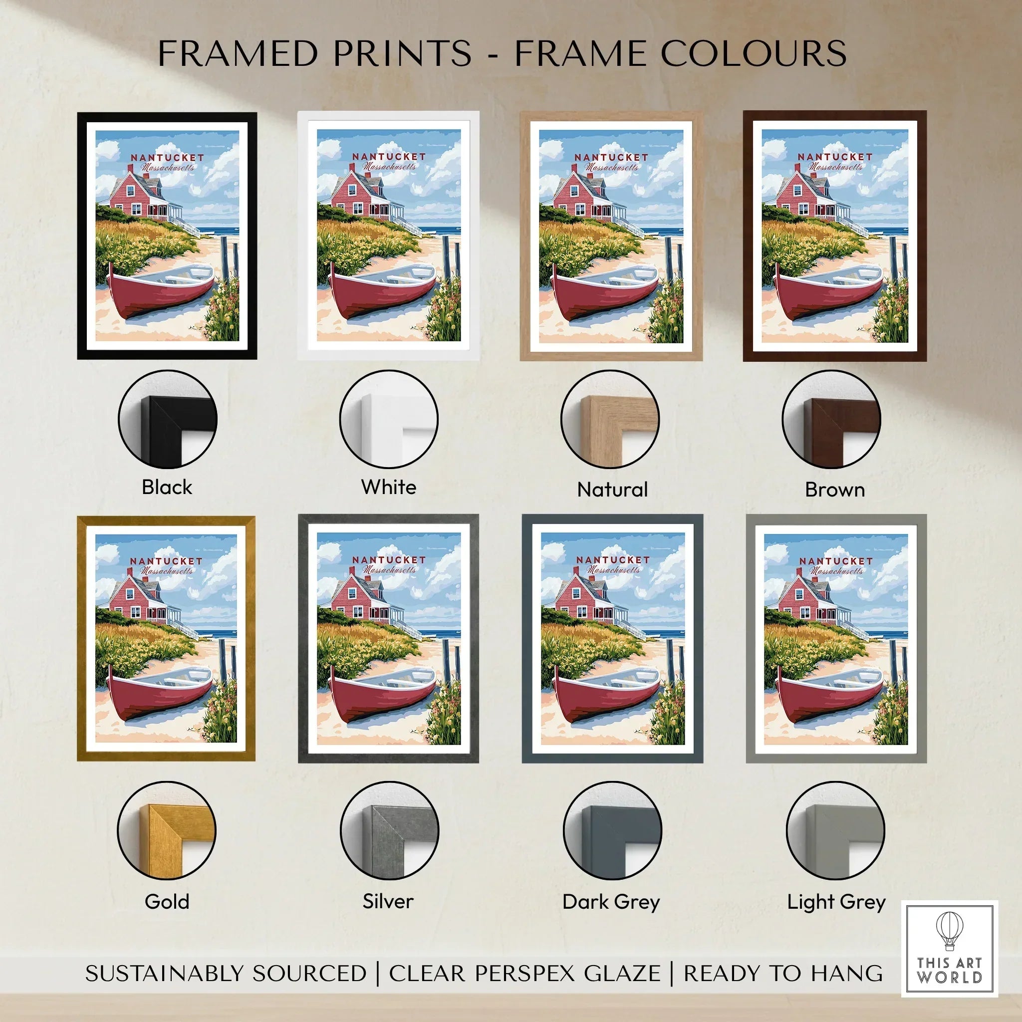 Nantucket beach house print in 8 frame colors: black, white, natural, brown, gold, silver, dark grey, light grey