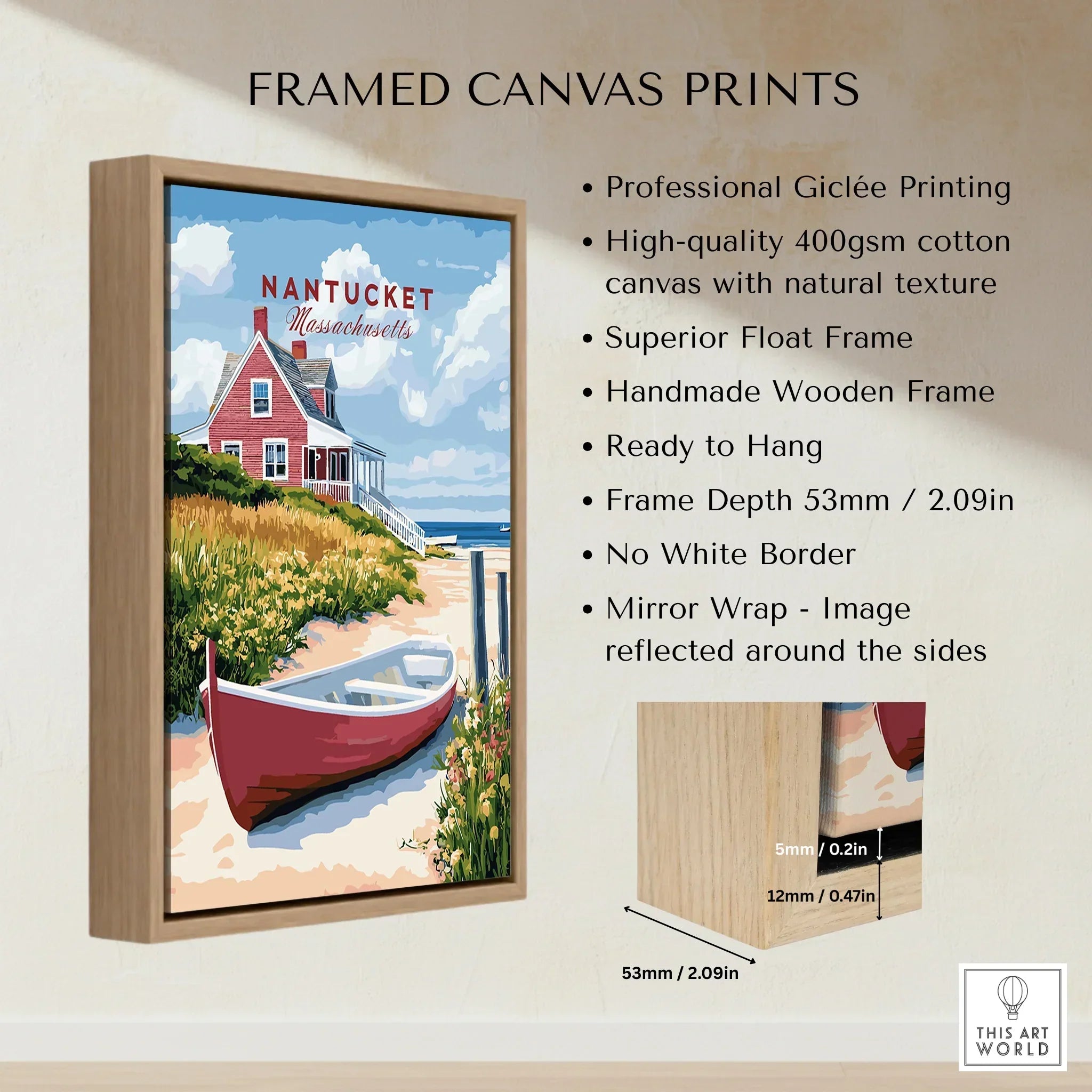 Nantucket Massachusetts travel poster print with red cottage, beach, and boat in wooden frame for wall art decor