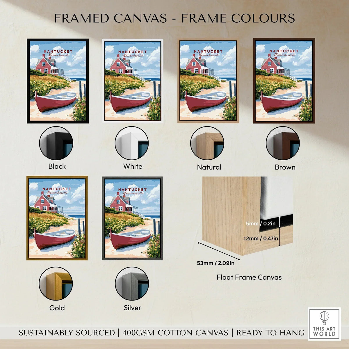 Nantucket beach house art print in black, white, natural, brown, gold, and silver frames, ready to hang