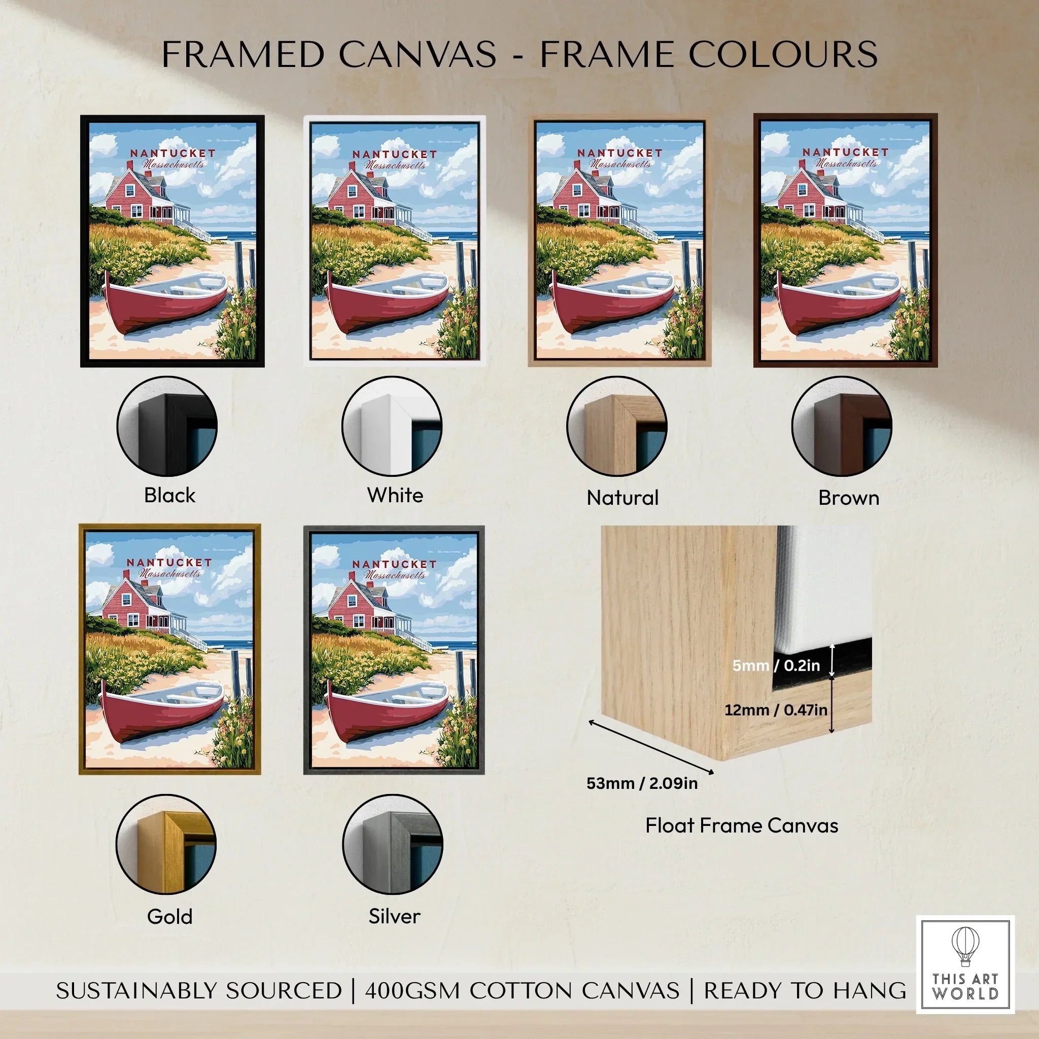 Nantucket beach house art print in black, white, natural, brown, gold, and silver frames, ready to hang