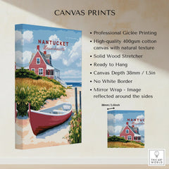 Nantucket Massachusetts coastal canvas print with red house, boat, and beach, ready to hang wall art