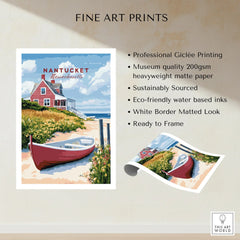 Nantucket Massachusetts travel poster print with red cottage, beach, and boat, fine art wall decor