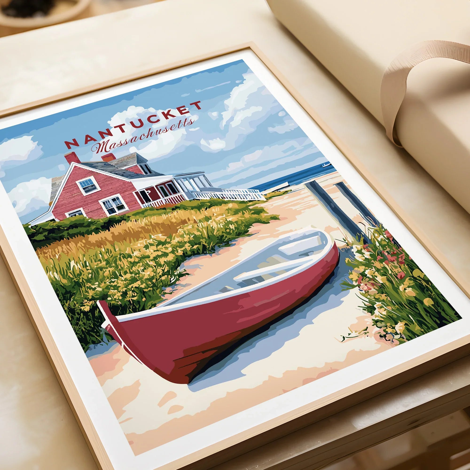 Nantucket Massachusetts travel poster with red boat and coastal cottage, ideal for home decor