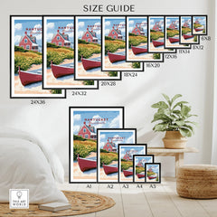 Nantucket Massachusetts travel poster art in various sizes for home wall decor, featuring red cottage and boat