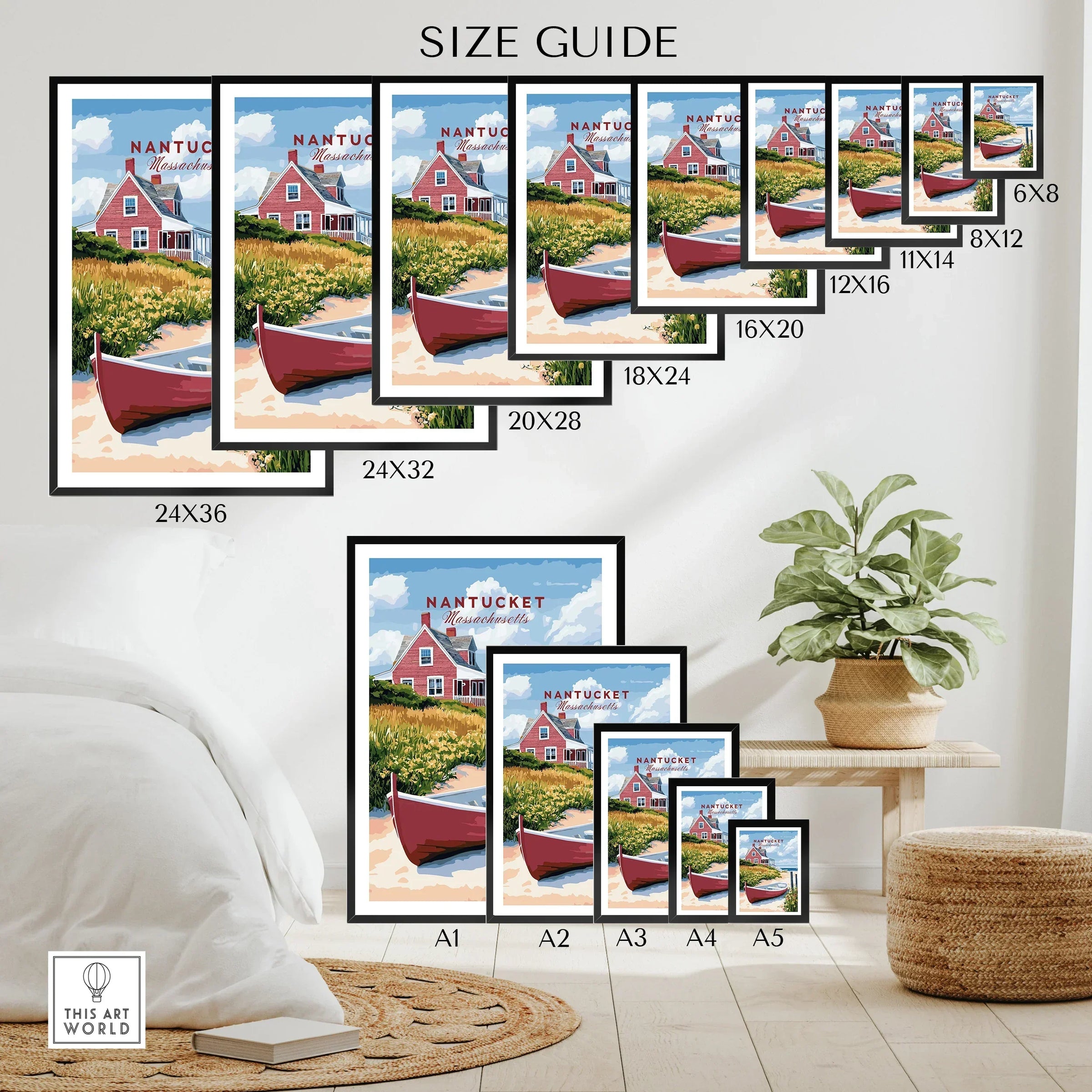 Nantucket Massachusetts travel poster art in various sizes for home wall decor, featuring red cottage and boat