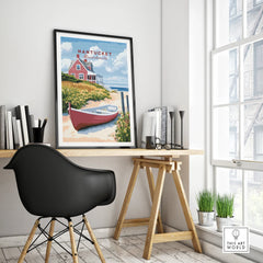 Nantucket Massachusetts travel poster with red cottage and boat, coastal wall art for home decor