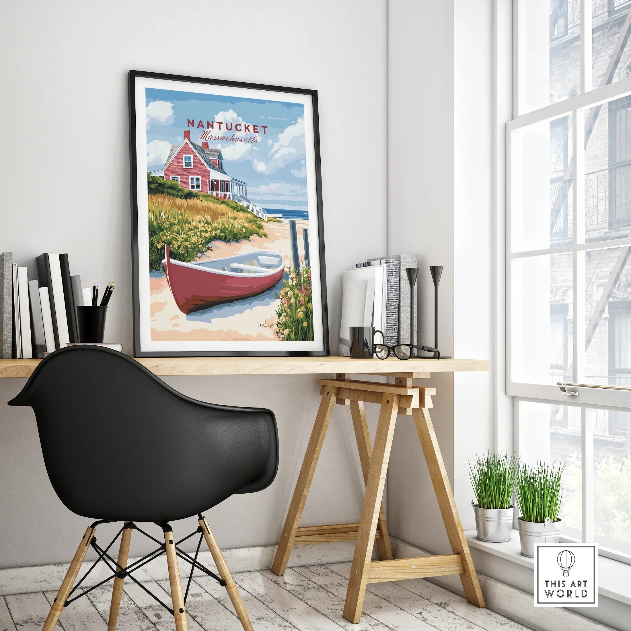 Nantucket Massachusetts travel poster with red cottage and boat, coastal wall art for home decor